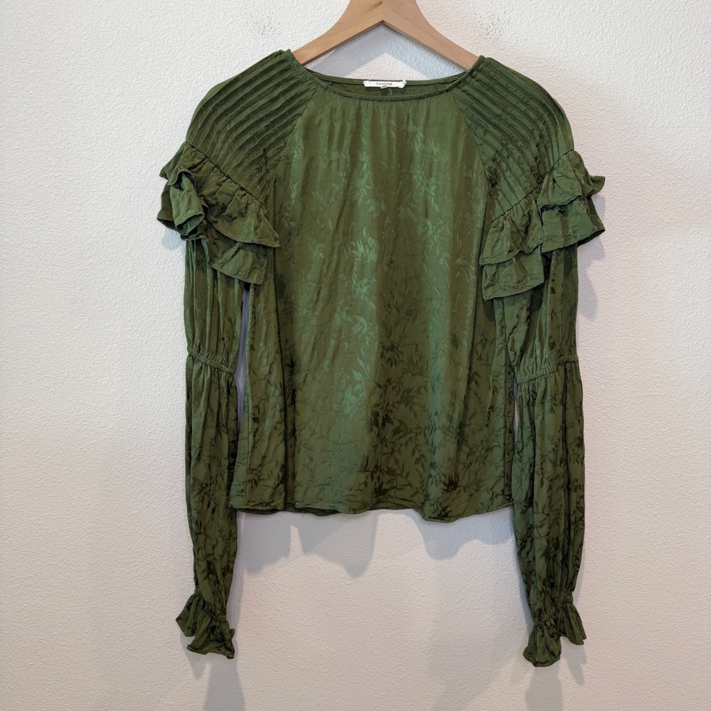 VIA APPIA Women Viscose Top S Green Ruffle Pleated Shoulder Long Sleeve Jacquard